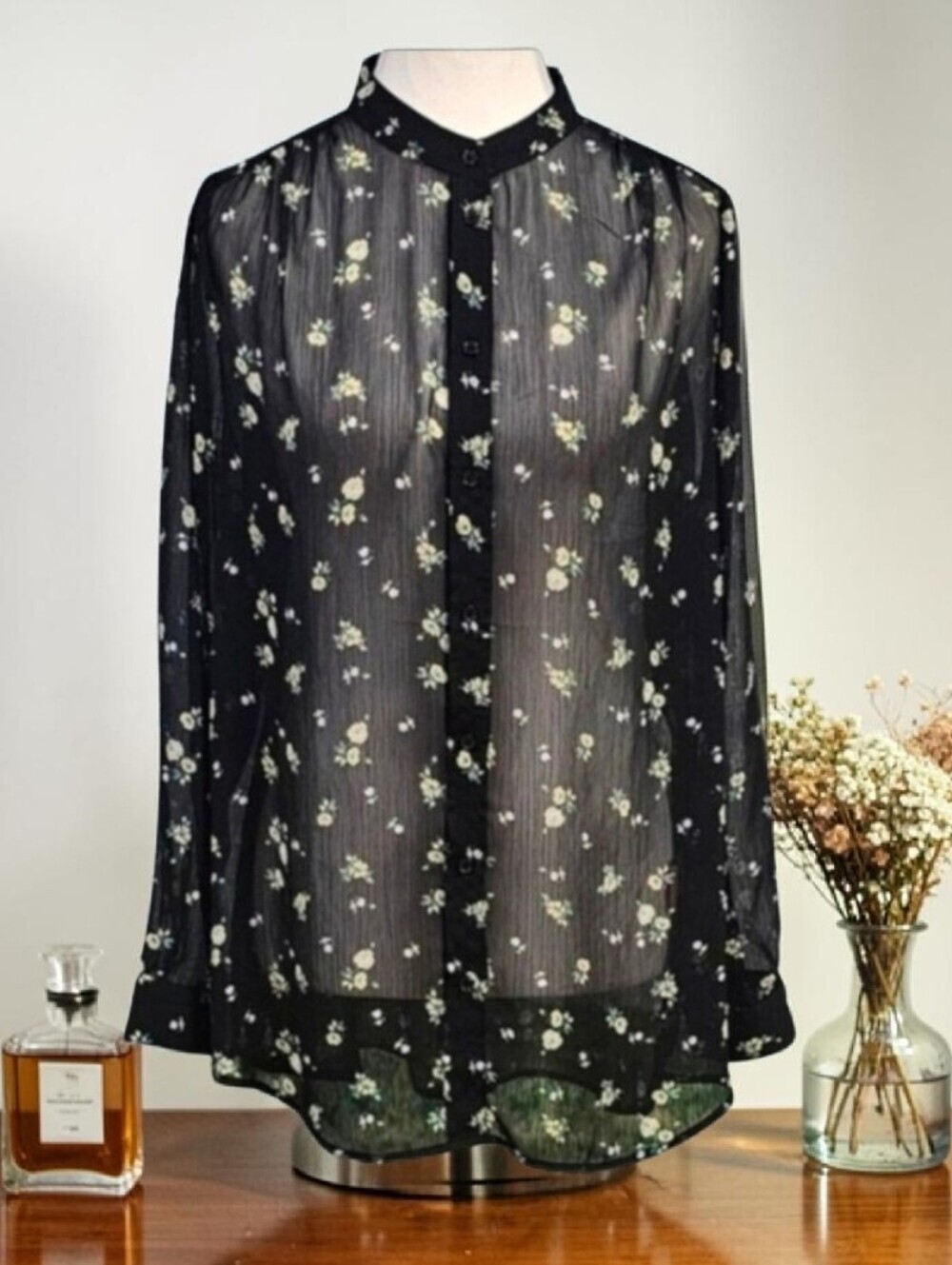 PHILOSOPHY | FLORAL TIGHT NECK FULL BUTTON DOWN SHEER OVERSIZED BLOUSE
